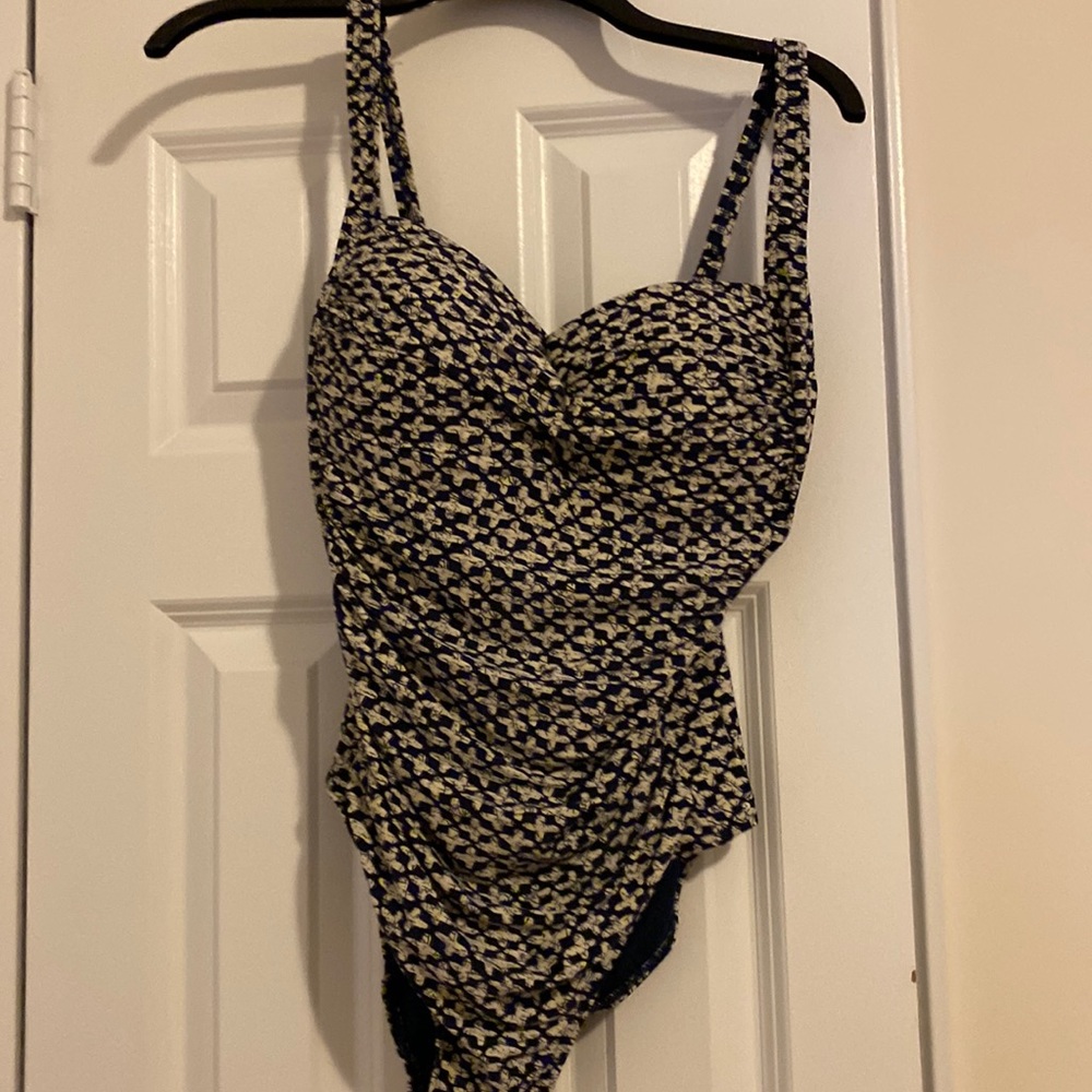 Blue and tan one piece swimsuit - 12